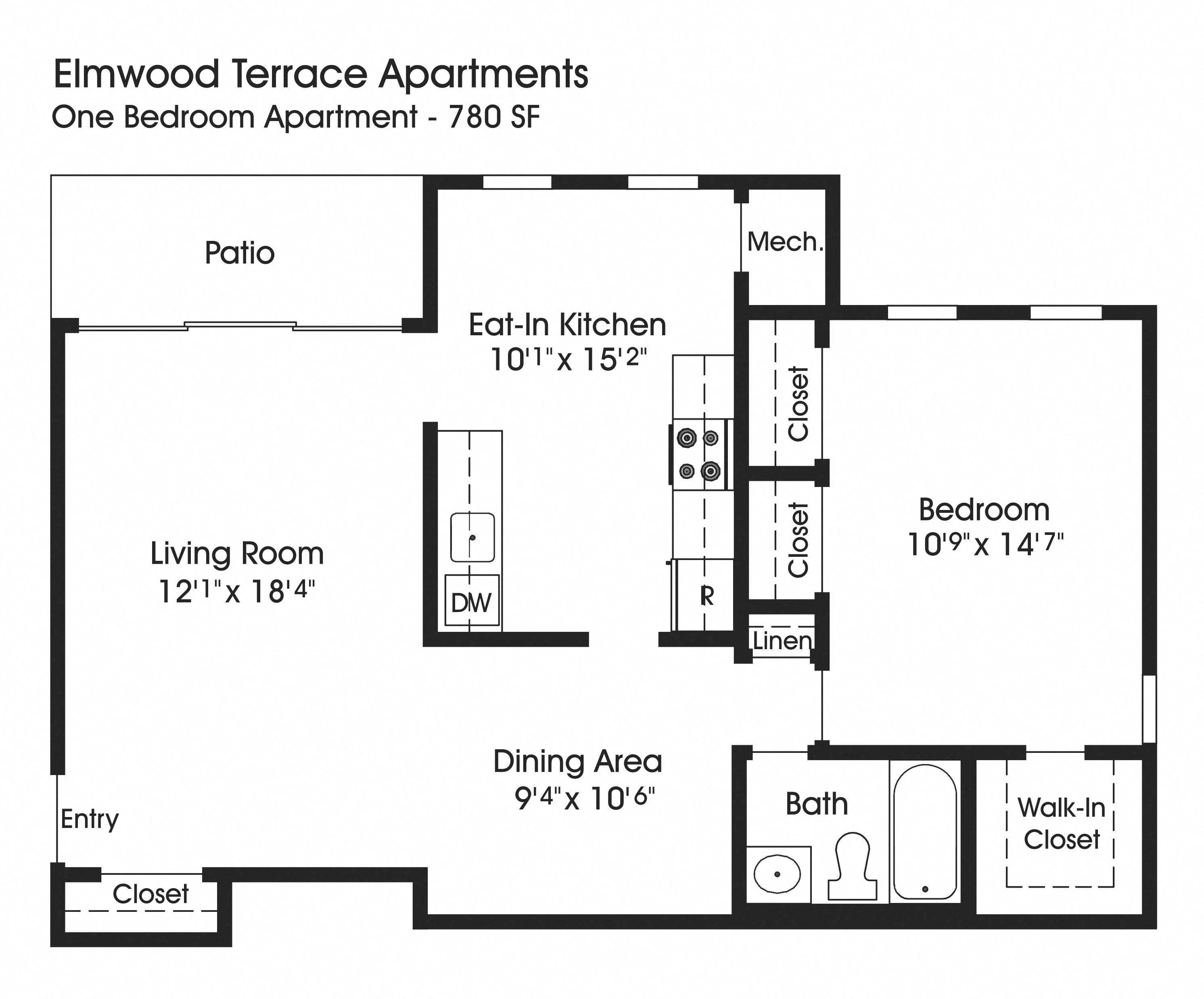 Floor plan for 1 bed, 1 bath, 780 sqft